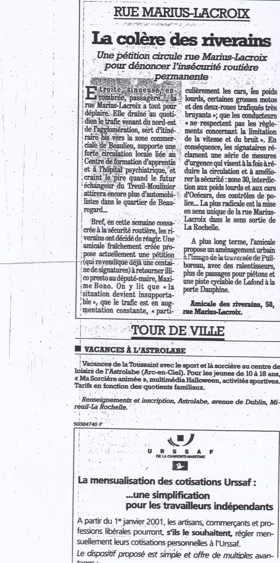 Coupure de presse Sud Ouest fin 2000 : « La colère des riverains — Une pétition circule rue Marius-Lacroix pour dénoncer l'insécurité routière permanente »