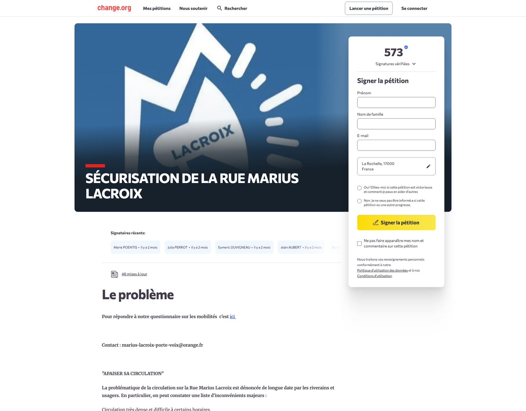 Capture de la pétition Change.org « Sécurisation de la rue Marius-Lacroix » au 29 avril 2026 : 573 signatures vérifiées